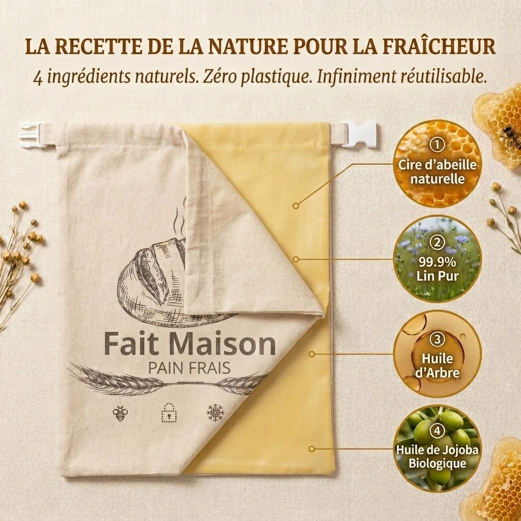 Sac à Pain Lin Biologique Cire d'Abeille Conservation 3 Mois XL SeteAprès
