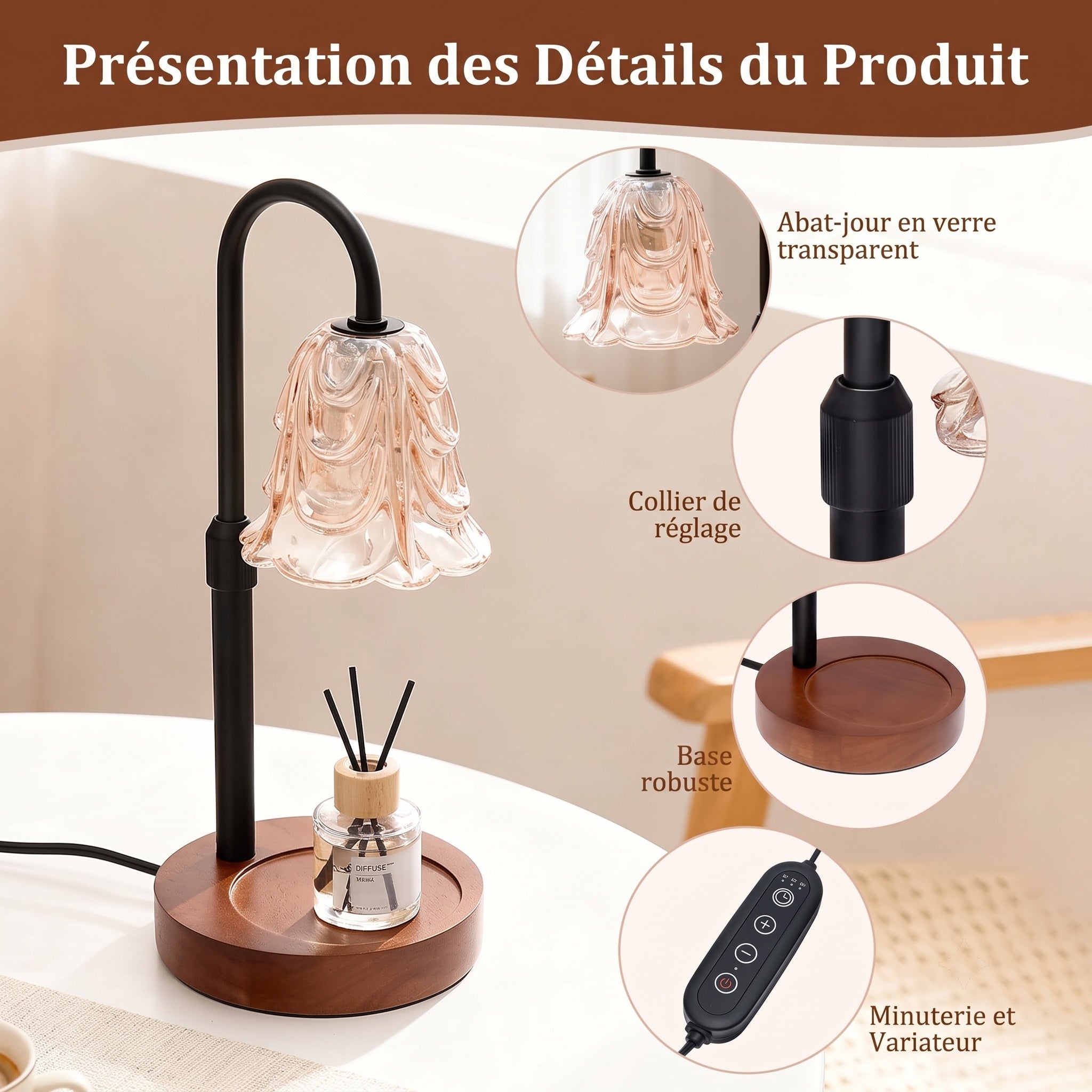 LighCodi Lampe Chauffe Bougie Florale Réglable avec Minuterie