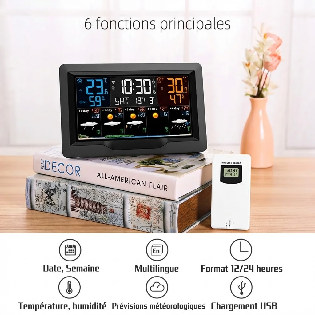 Station Météo Connectée MenaNoxi - Écran LCD Couleur WiFi, Prévisions sur 5 Jours avec Indice UV, Application Mobile et Support Multi-Capteurs