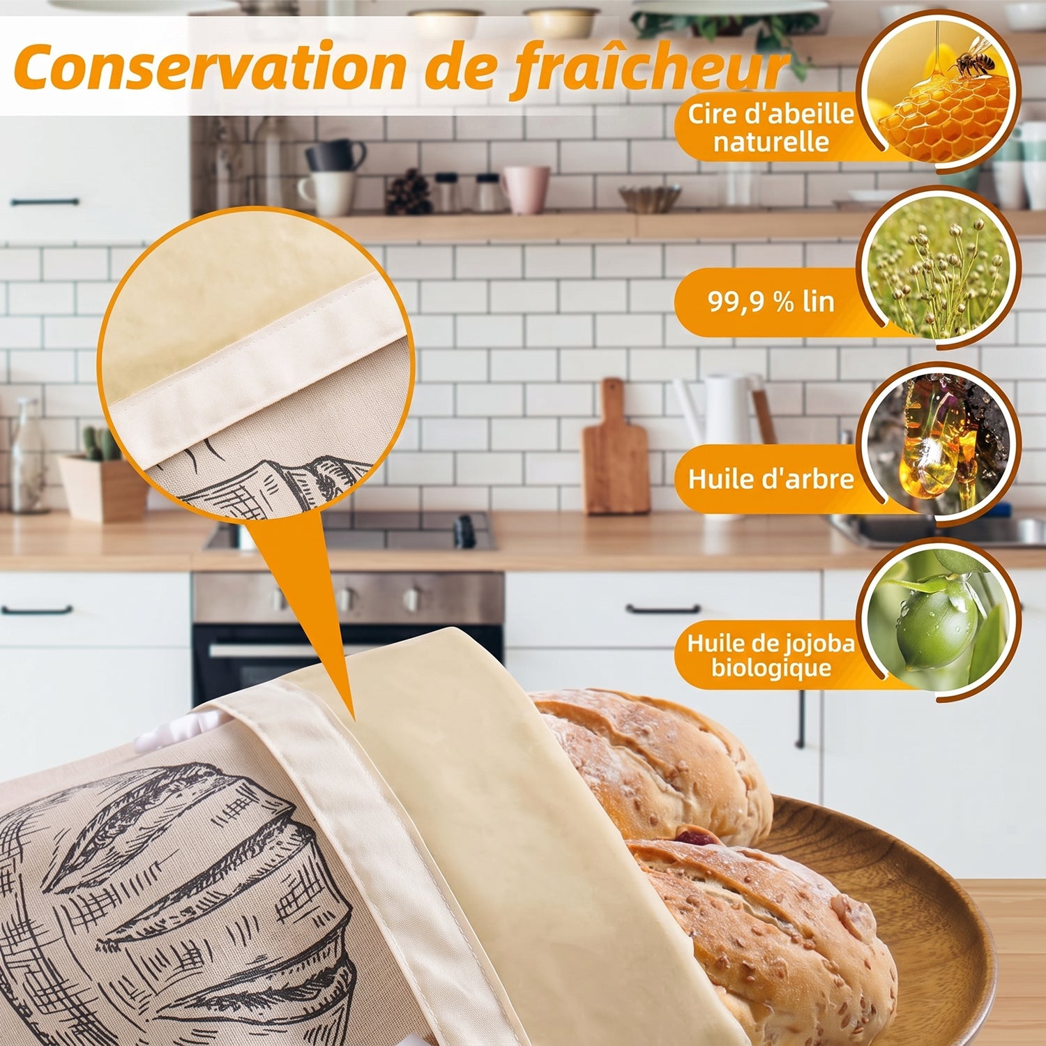 Sac à Pain Lin Biologique Cire d'Abeille Conservation 3 Mois XL SeteAprès