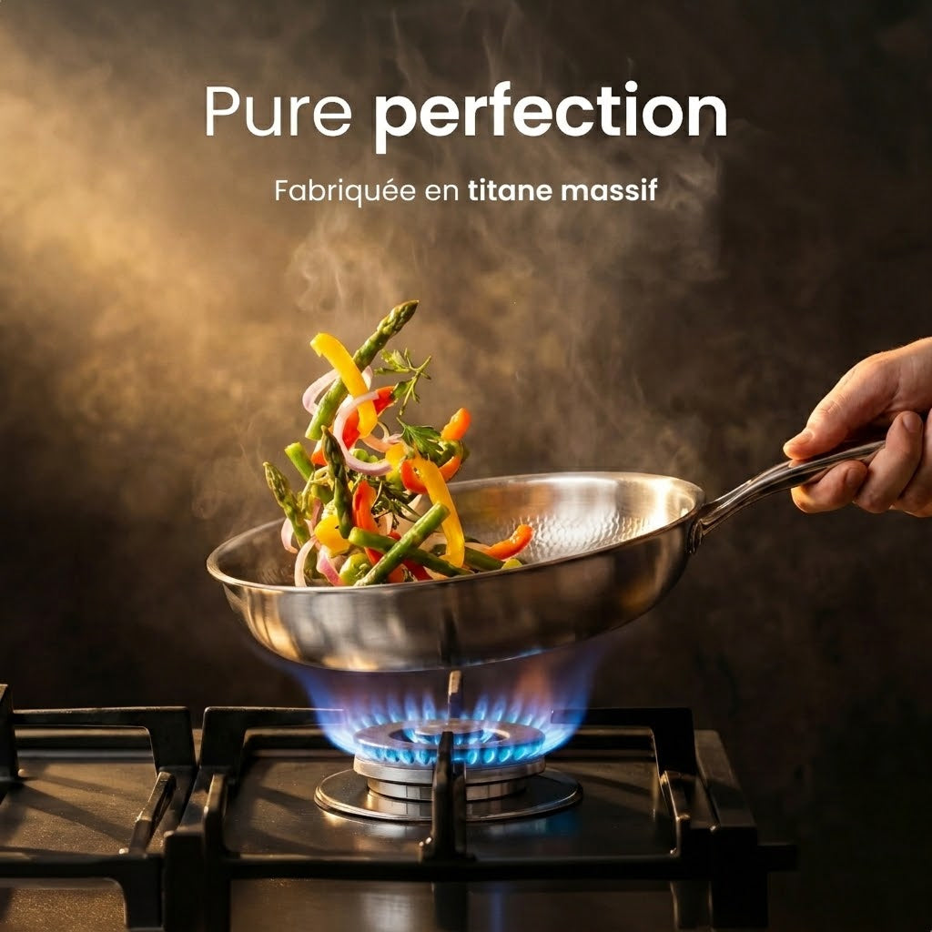 Poêle TitaKixi en Titane 100% Pur - Antiadhésive Naturelle, Sans Revêtement Chimique (Sans PFAS/PFOA), Compatible Induction et Gaz, Garantie à Vie