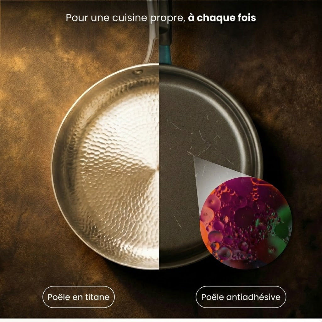 Poêle TitaKixi en Titane 100% Pur - Antiadhésive Naturelle, Sans Revêtement Chimique (Sans PFAS/PFOA), Compatible Induction et Gaz, Garantie à Vie